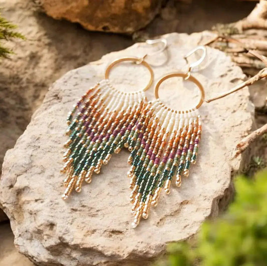 Beaded Hoop Earrings in Autumn Earth Tones