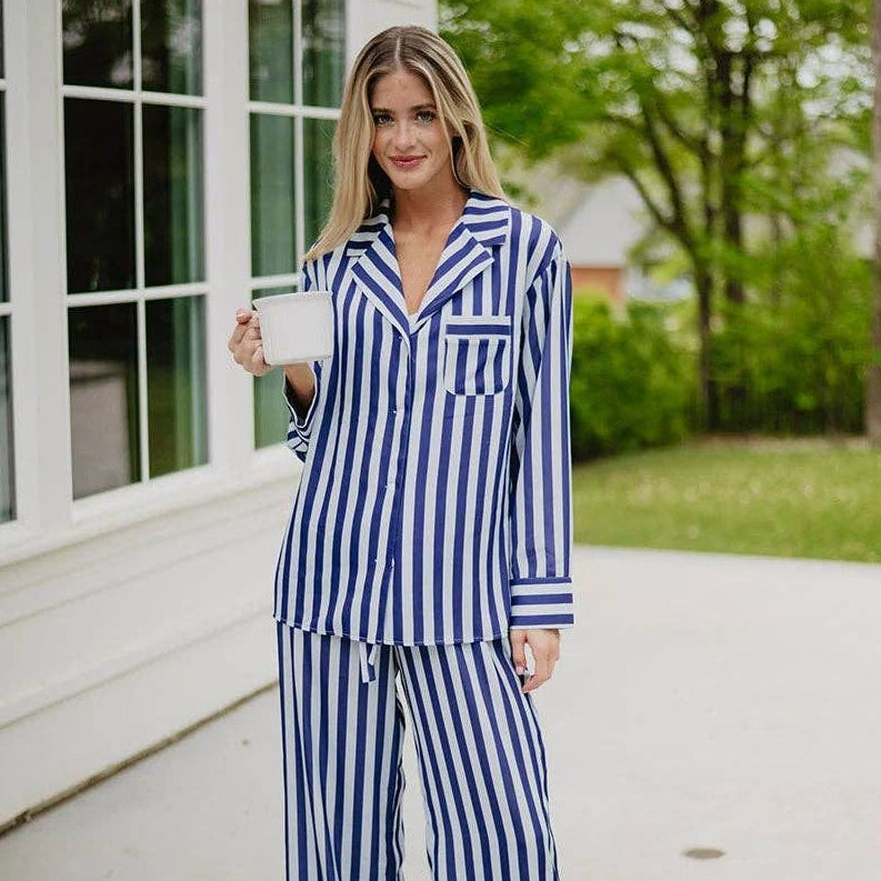 Blue Striped Satin Pajama Set