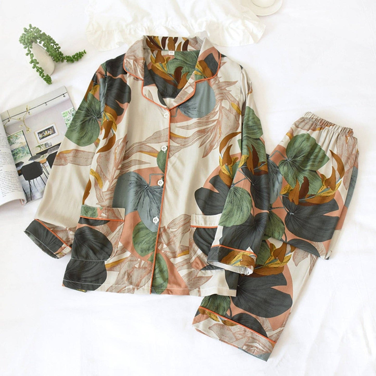 Tropical Print Satin Pajama Set