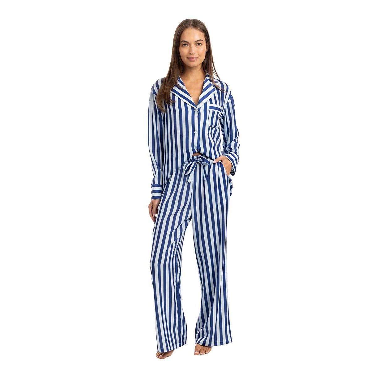 Blue Striped Satin Pajama Set