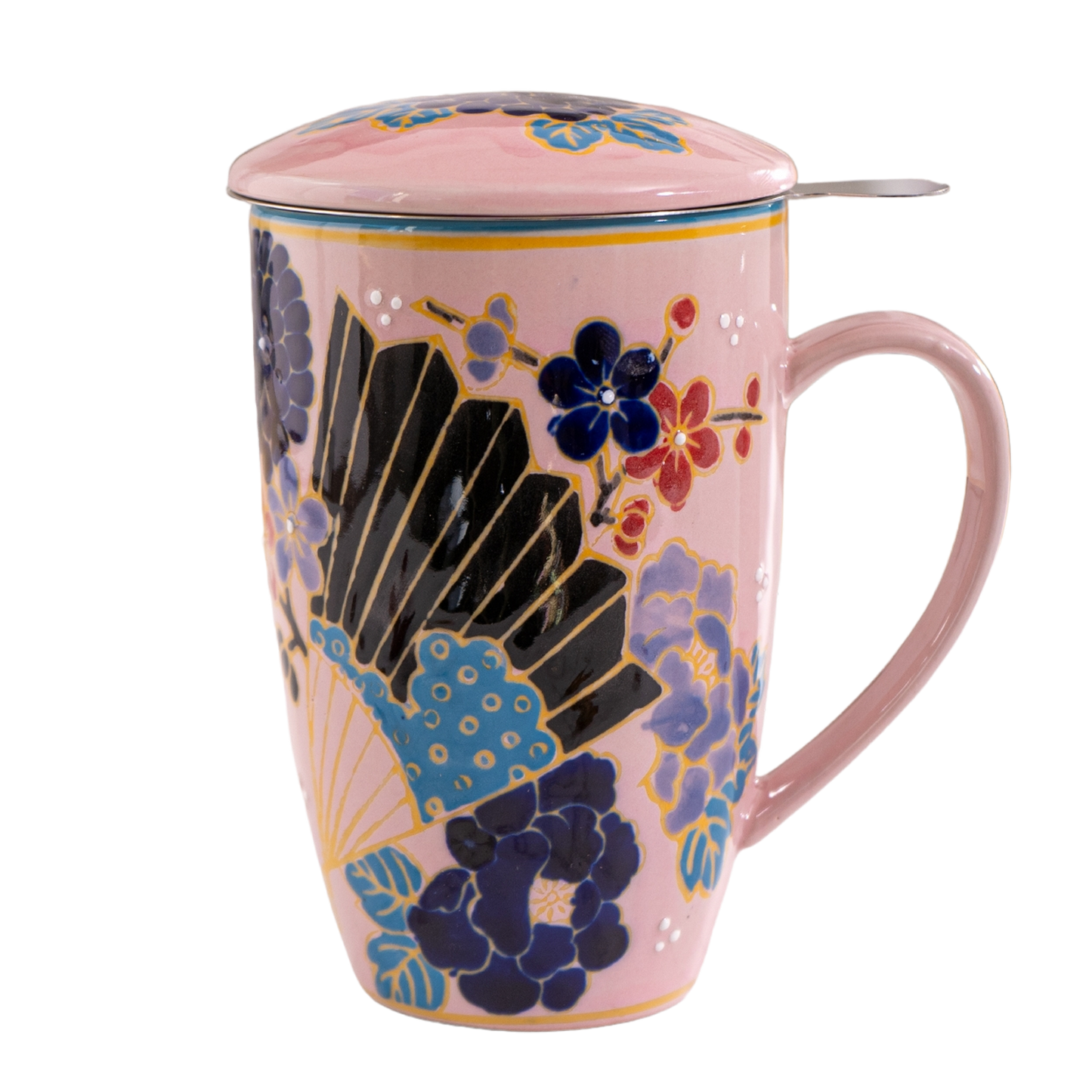 Festival Fan Porcelain Tea Mug with Infuser & Lid | 15 oz Teacup