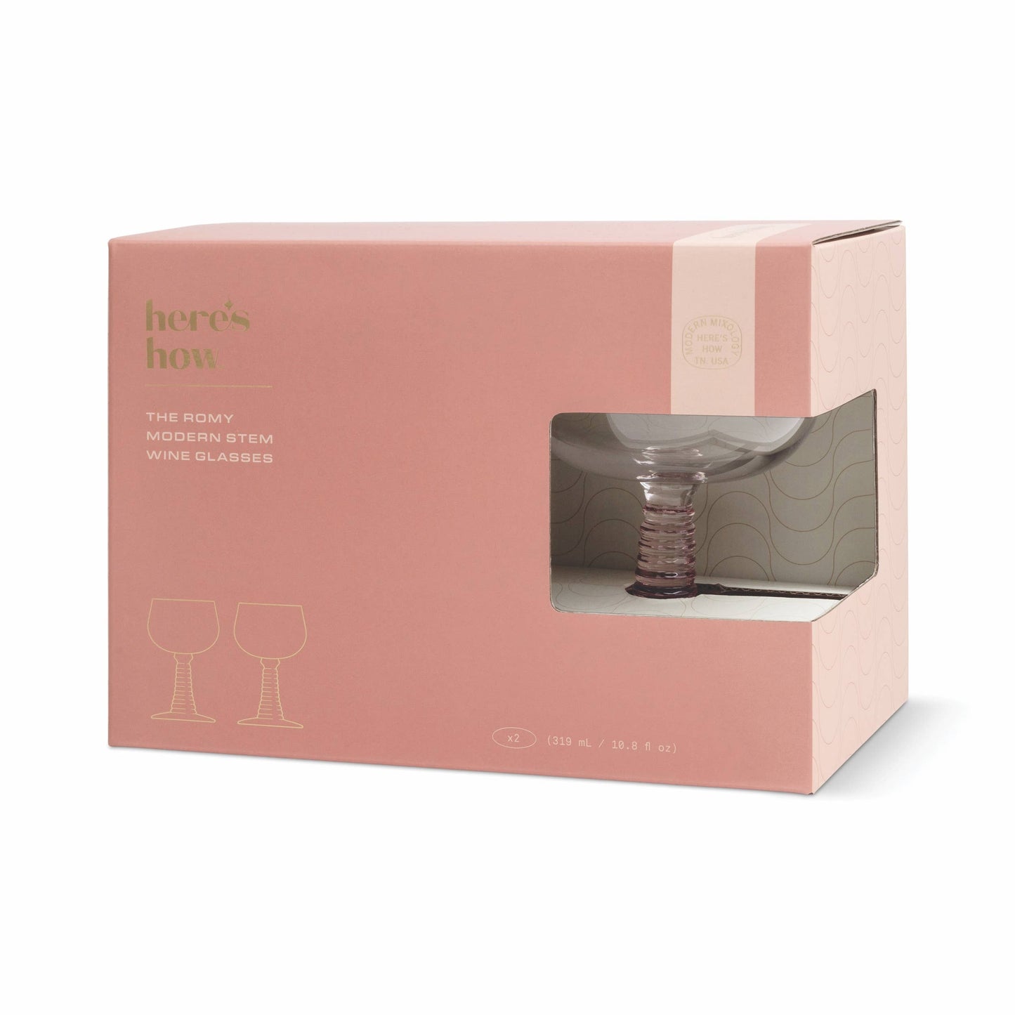 Romy Blush Ribbed Stem Wine Glass Set | Vintage-Inspired Glasses (Set of 2)