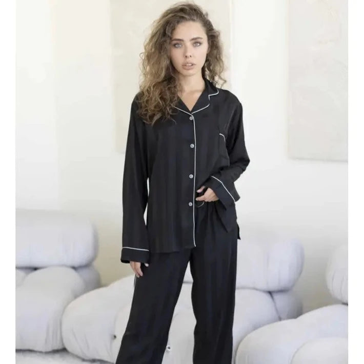Black Silk Long Sleeves Silk Pajamas