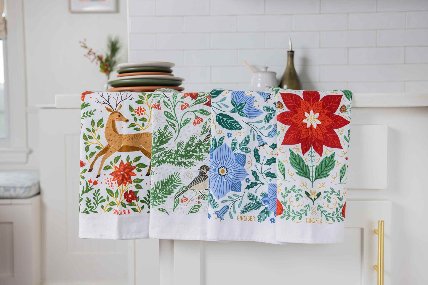 Christmas Poinsettia Tea Towel - Holiday Kitchen Towel Decor