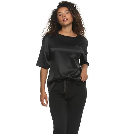 Black Satin Tee and Knit Jogger Set