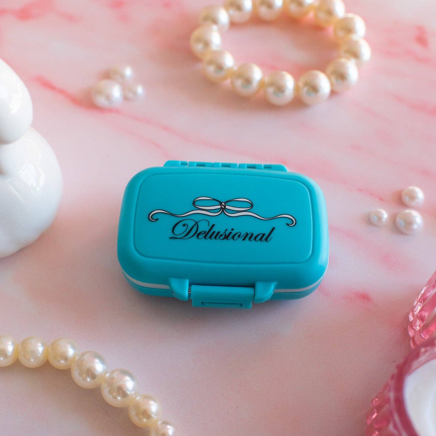 "I Love Being Delulu" Pill Case – Blue Mini Suitcase Organizer
