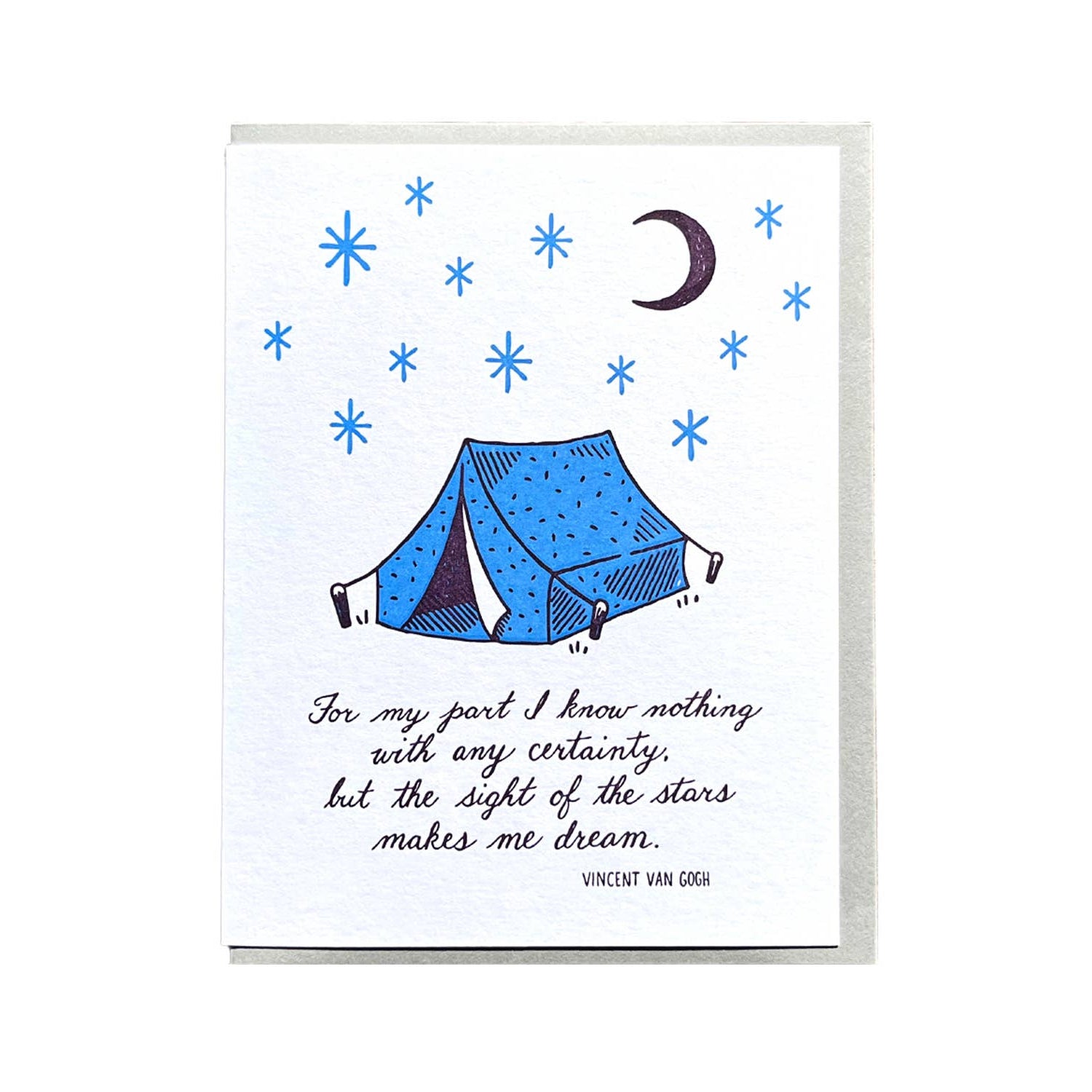Illustration of a blue tent with stars and a moon on a white background, featuring a quote by Vincent Van Gogh.