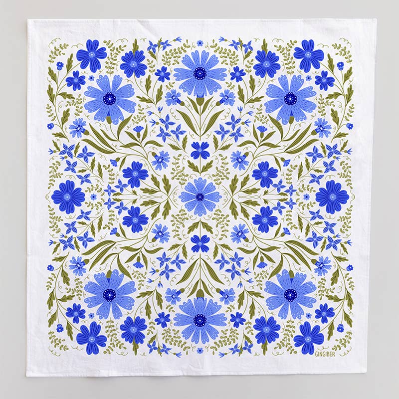 Blue Cornflower Tea Towel - Blue Floral Kitchen Dish Towel