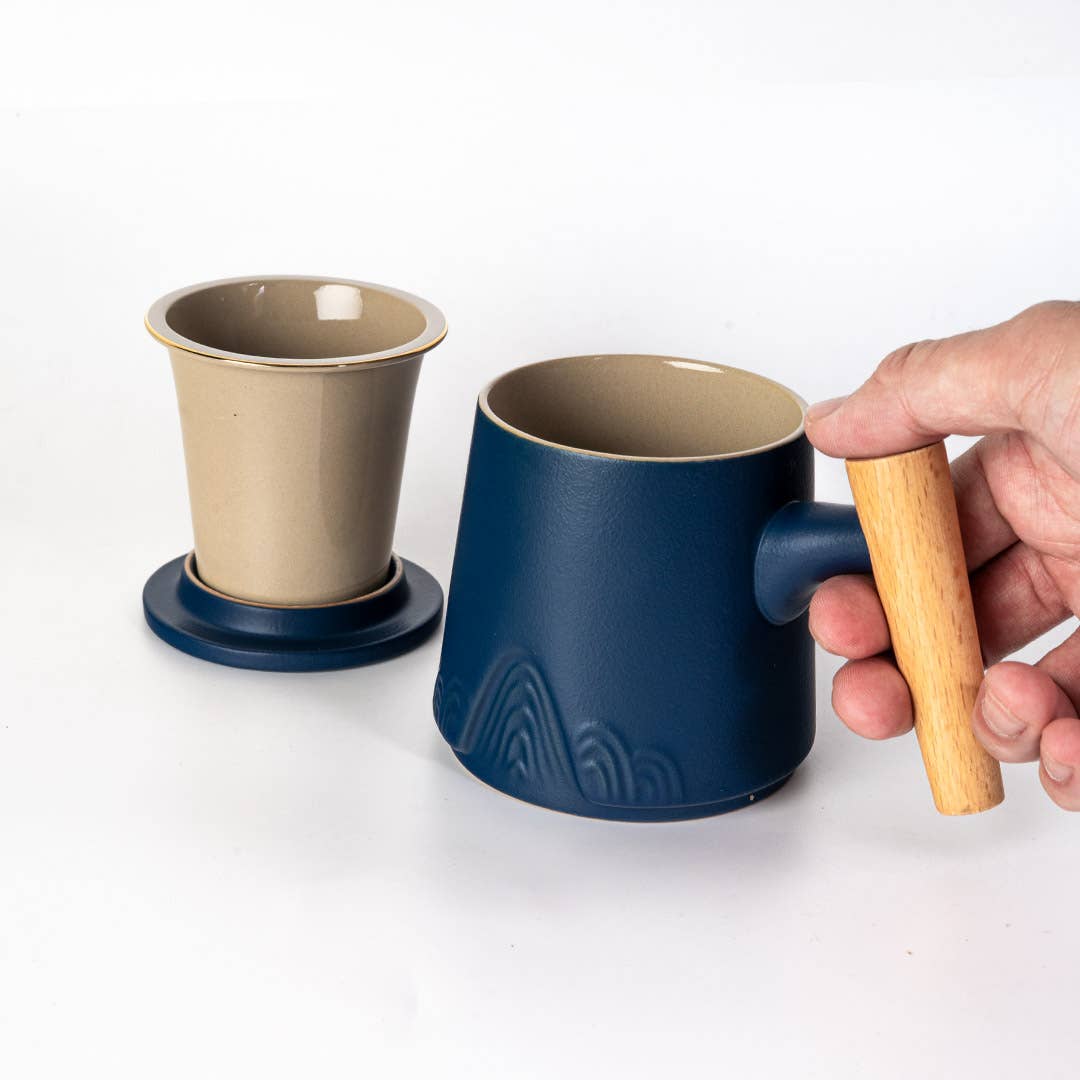 Mountain Range Navy Porcelain Tea Mug with Infuser and Lid (12 oz)
