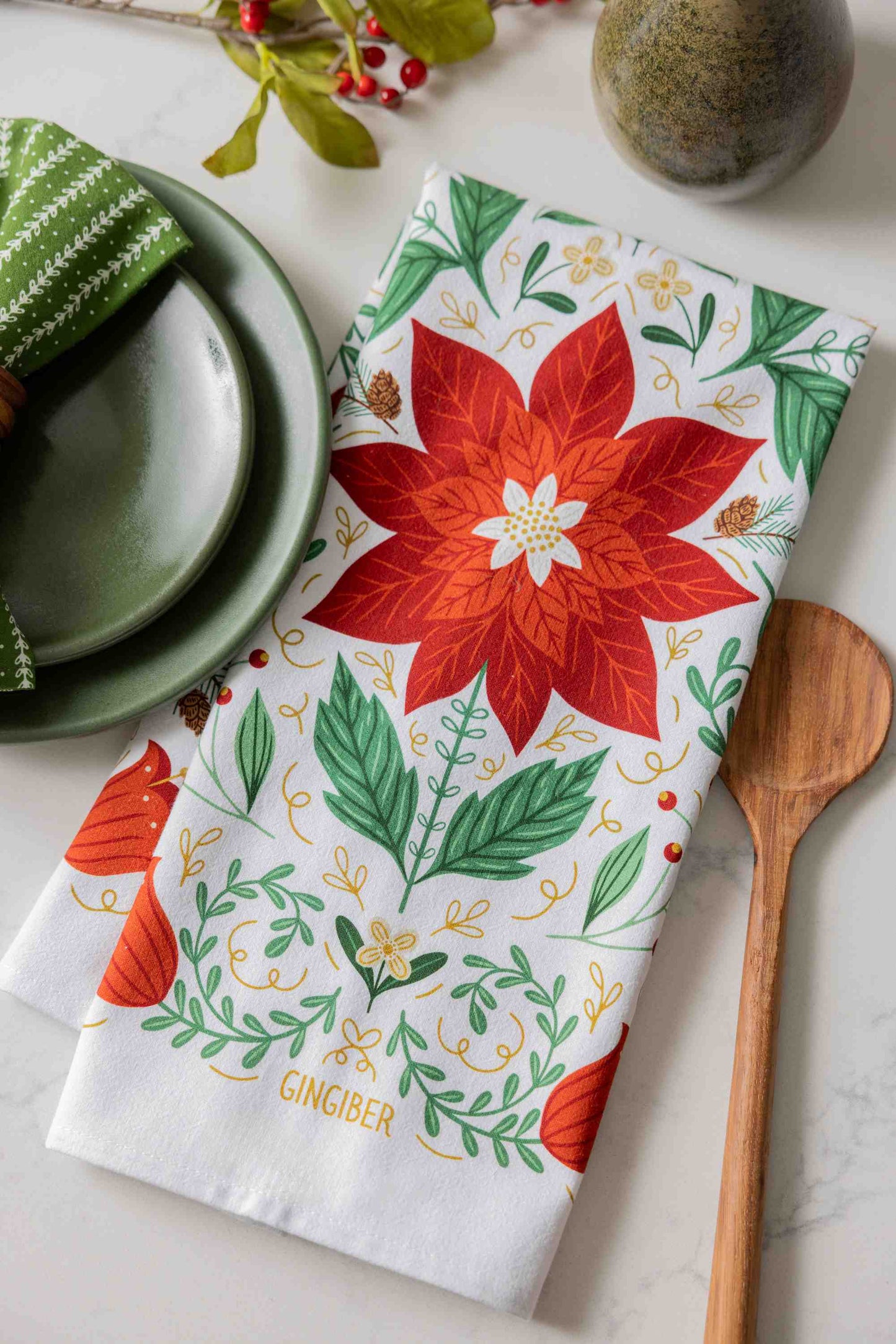 Christmas Poinsettia Tea Towel - Holiday Kitchen Towel Decor