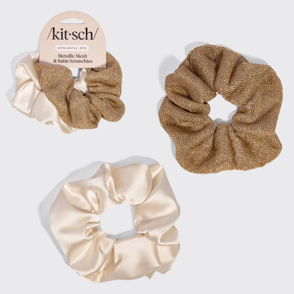 Cream & Gold Satin Scrunchie Set | Metallic Mesh Hair Ties (Set of 2)