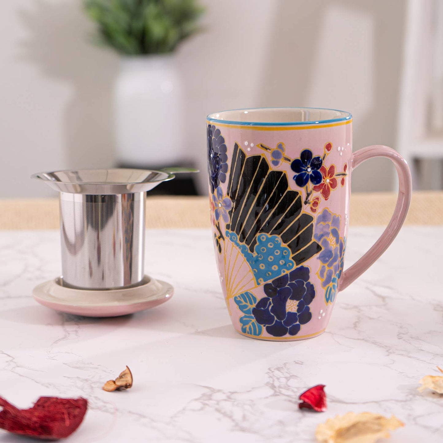 Festival Fan Porcelain Tea Mug with Infuser & Lid | 15 oz Teacup