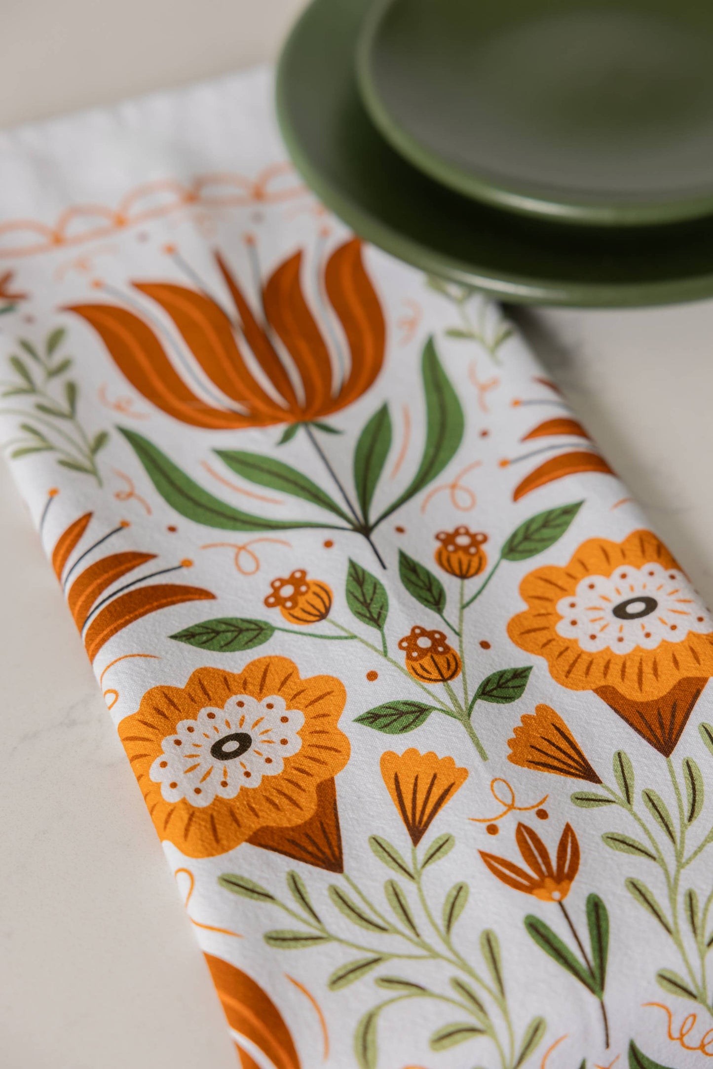 Folk Floral Tea Towel - Fall Kitchen Dish Towel Decor