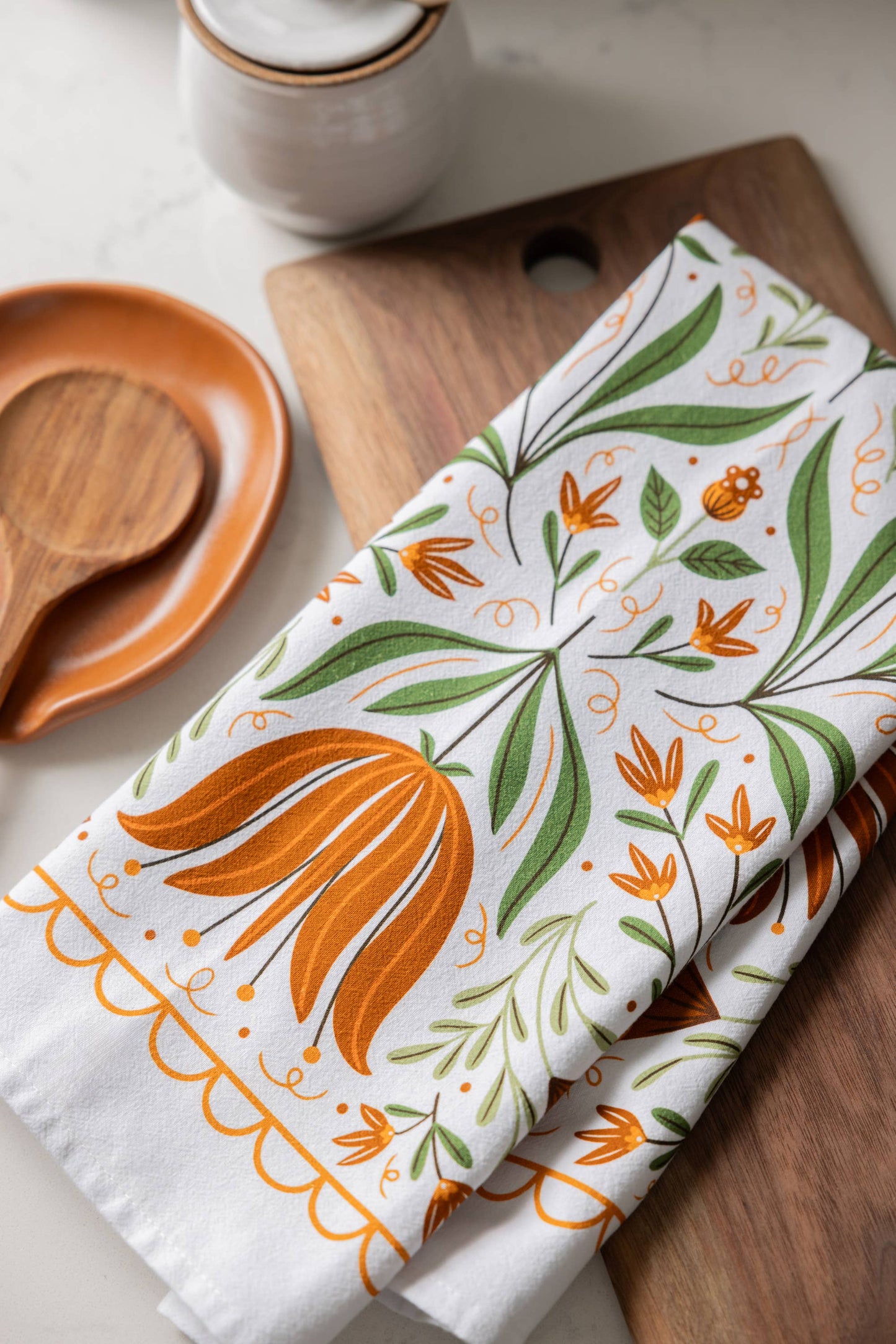 Folk Floral Tea Towel - Fall Kitchen Dish Towel Decor