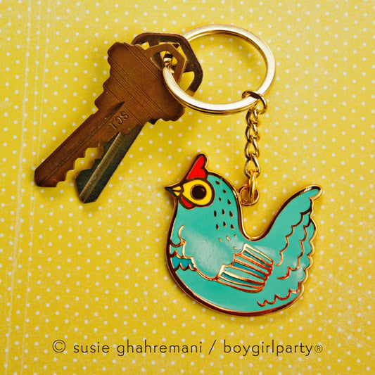 Chicken Enamel Keychain - Gold Key Chain with Ring Aqua Blue